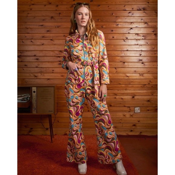 NWT Lucy & Yak Maggie Pastel Wide Leg Jumpsuit 1970s Style Sz 6 S/M - Picture 1 of 8